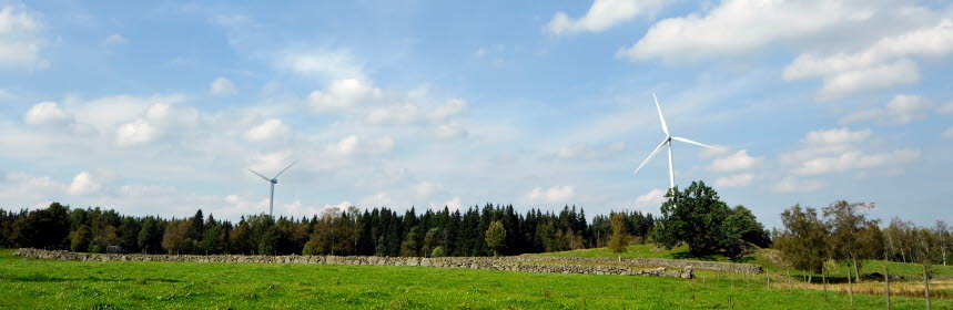 Vindkraftverk vid en skog.