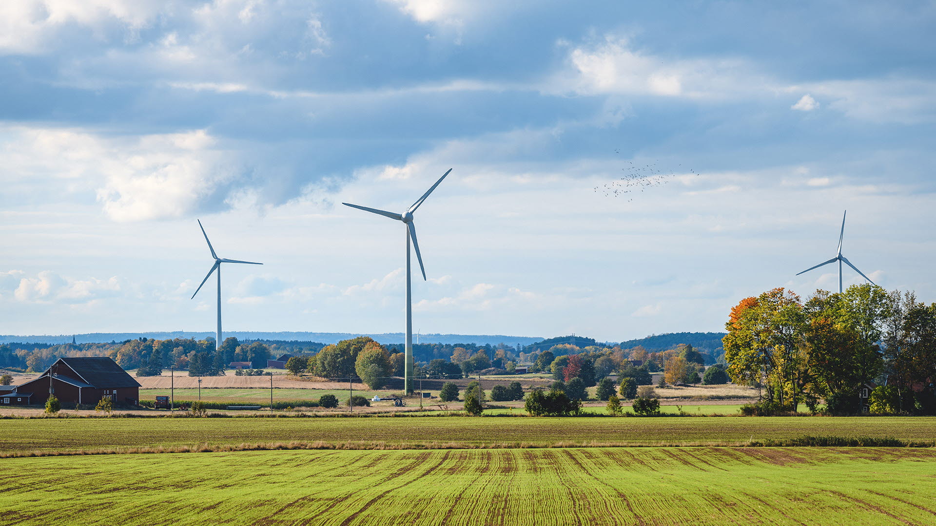 Vindkraftverk mot en blå himmel på slätten i Mjölby